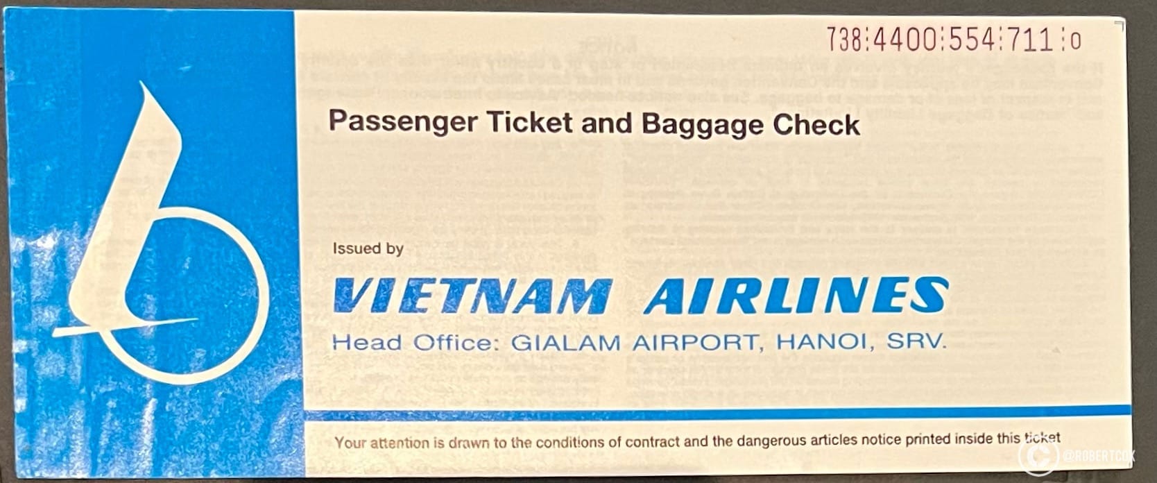 Vietnam Airlines passenger ticket and baggage check from 1995, issued for my flight to Saigon (Ho Chi Minh City) during my trip in April 1995 for the 20th anniversary celebrations of the end of the Vietnam War.