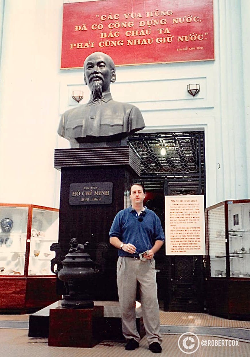 I visited the Ho Chi Minh Museum in Saigon on April 29, 1995. The museum is dedicated to the life and legacy of Ho Chi Minh, Vietnam’s revolutionary leader. The museum is housed in a French colonial building known as the “Dragon House” (Nhà Rồng), originally a customs house built in 1863, located near the Saigon River at 1 Nguyễn Tất Thành Street in District 4. The quote on the red banner above translates to “The Hùng Kings had the merit of founding the nation; we, their descendants, must together preserve the nation.” This quote is famously attributed to Ho Chi Minh and is often displayed in museums dedicated to him, particularly in the Ho Chi Minh Museum, as it emphasizes national unity and heritage.