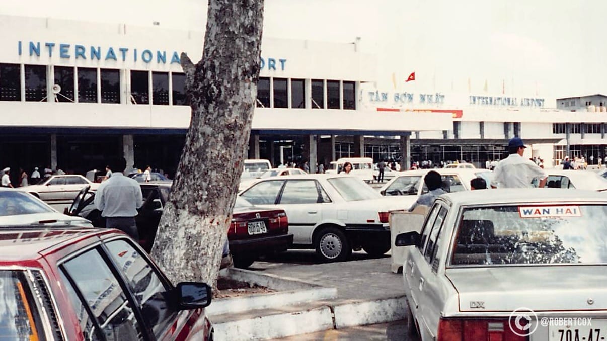 Tan Son Nhat International Airport in Ho Chi Minh City, Vietnam, on April 28, 1995, during the celebrations for the 20th anniversary of Vietnam’s reunification. The airport’s terminal has a Vietnamese flag flying atop the building.