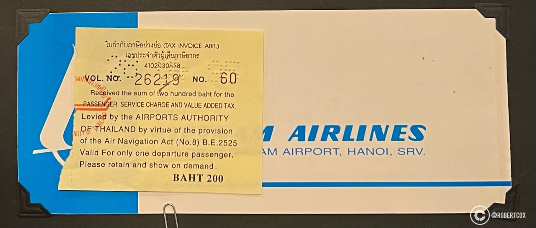Vietnam Airlines receipt or tax invoice for a passenger service charge and value-added tax, levied by the Airports Authority of Thailand.