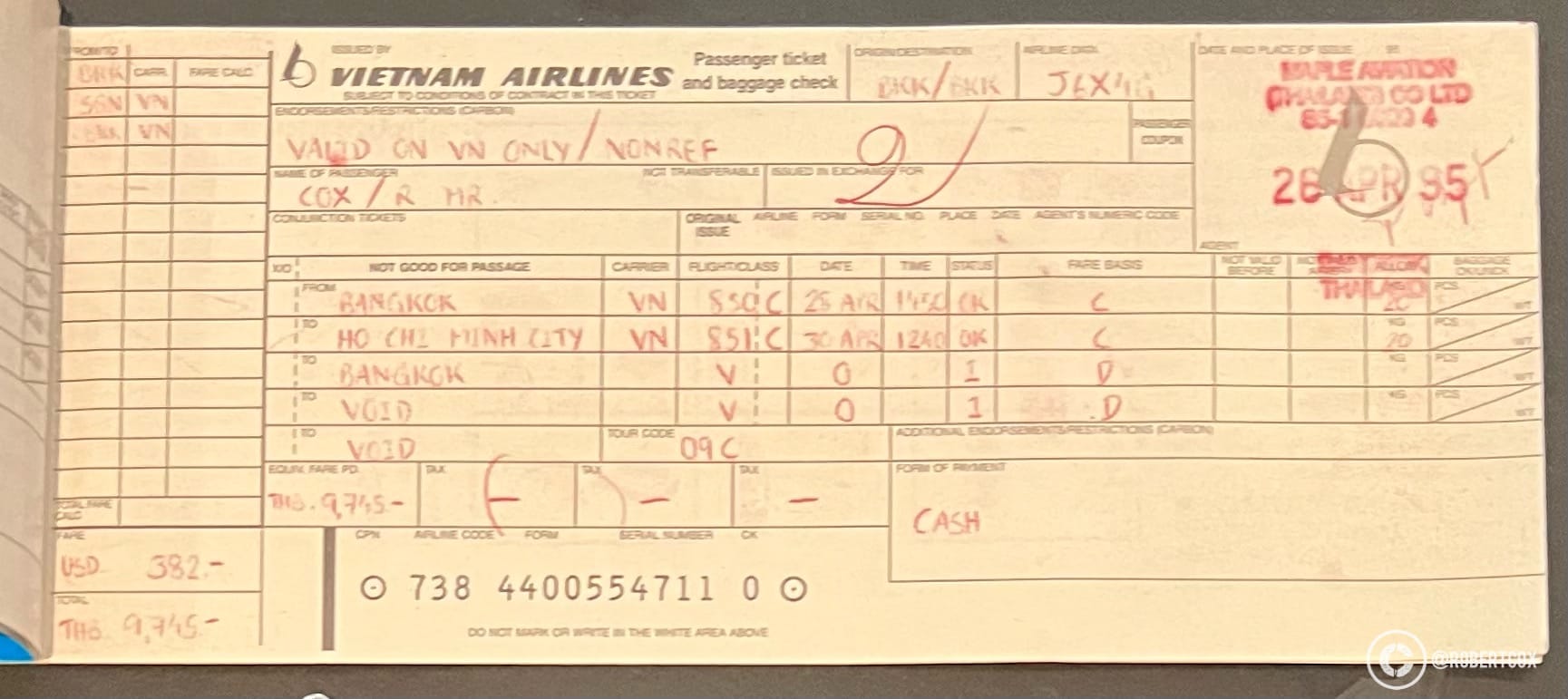 The inner page of my Vietnam Airlines passenger ticket and baggage check issued by Maple Aviation Ltd. in Bangkok on April 26, 1995,